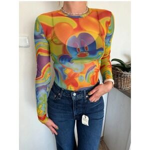 NEW Zara Disney Mickey Mouse Psychedelic‎ Mesh Bodysuit L Top Long Sleeve Y2K
